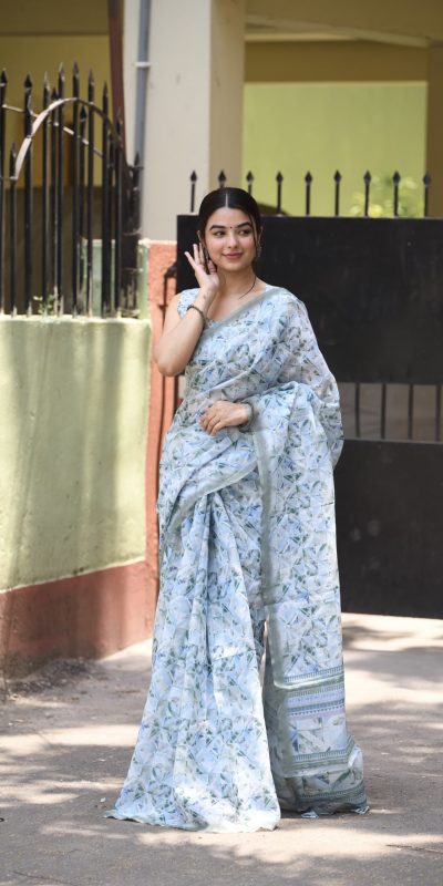 Classic Light Blue Color Linen Beautiful Digital Printed Work Saree