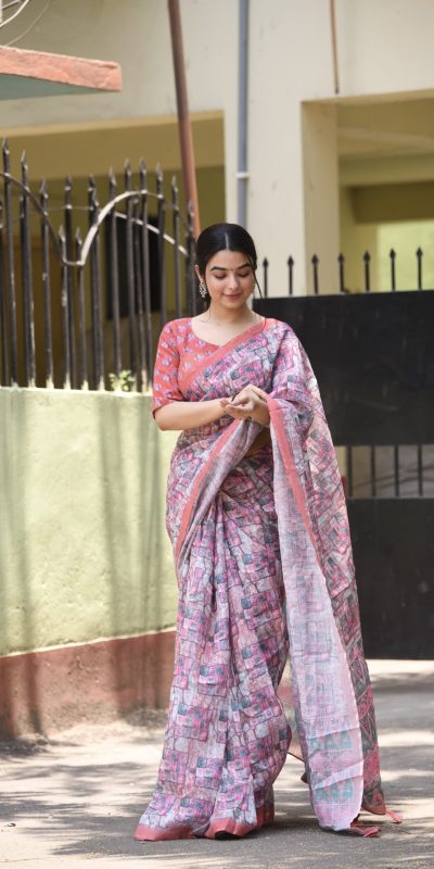 Classic Light Purple Color Linen Beautiful Digital Printed Saree