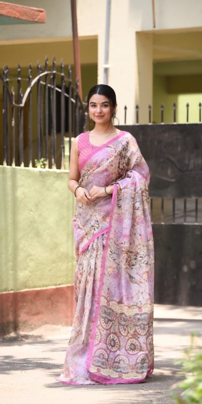 Classic Pink Color Linen Beautiful Digital Printed Work Saree