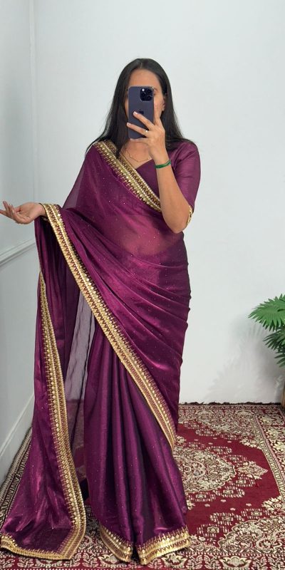 Classic Purple Color Burberry Foil And Zari Embroidery Work Saree
