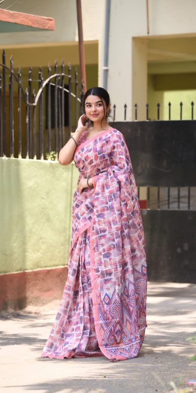 Classic Purple Color Linen Beautiful Digital Printed Work Saree