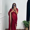 Classic Red Color Burberry Foil And Zari Embroidery Work Saree