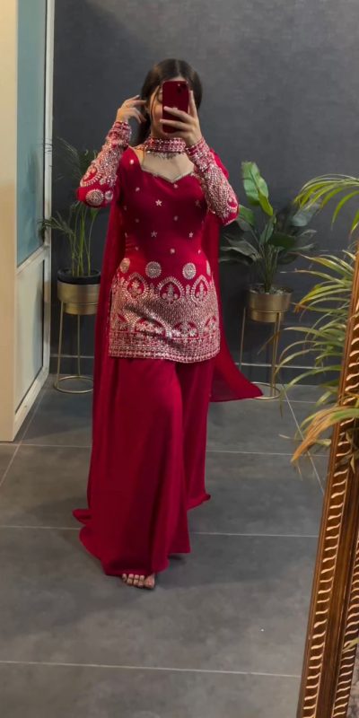 Classic Red Color Georgette Thread sequence Work Salwar Suit