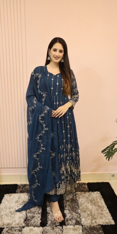 Classic Royal Blue Color Georgette Sequence Embroidery Gown
