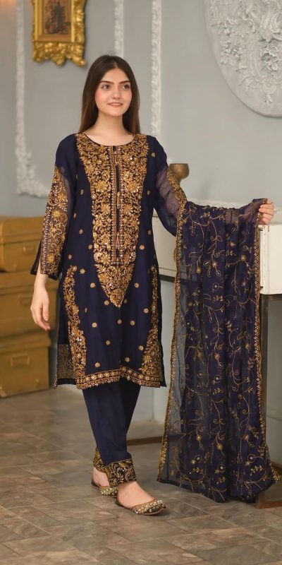 Cute Navy Blue Color Georgette Embroidery Sequence Salwar Suit