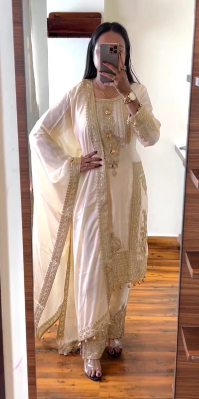 Cute White Color Georgette Embroidery Sequence Salwar Suit