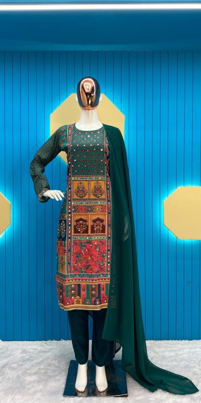 Dazzling Green Color Maslin Printed And Real Mirror Salwar Suit