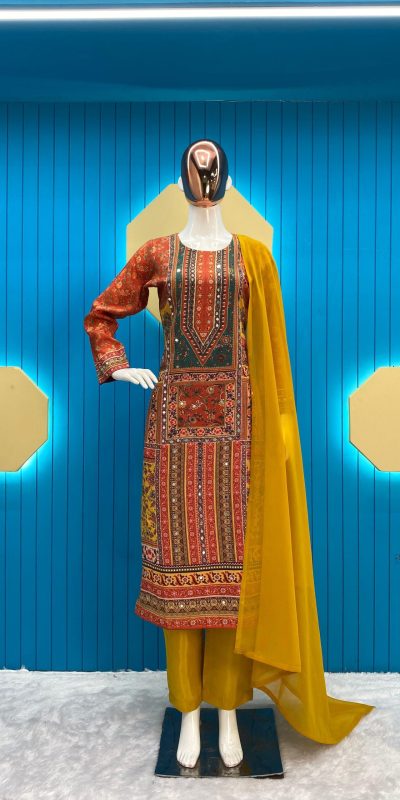 Dazzling Orange Color Maslin Printed And Real Mirror Salwar Suit