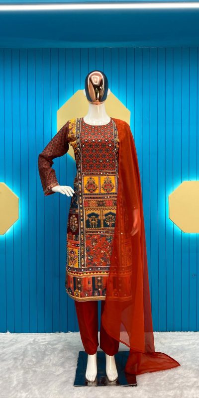 Dazzling Red Color Maslin Printed And Real Mirror Salwar Suit