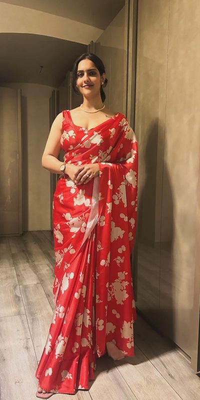 Diksha sharma Red Color Satin Silk Blouse Digital Print Saree