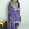 Elegant Dark Violet Color Chinnon Silk Embroidery Salwar Suit