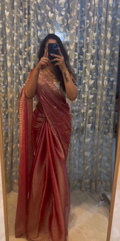 Elegant Peach Soft Jimmy Choo Embroidery Sequence Saree