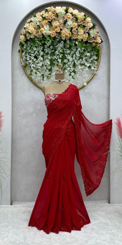 Elegant Red Color Faux Georgette Thread With Sequence Saree