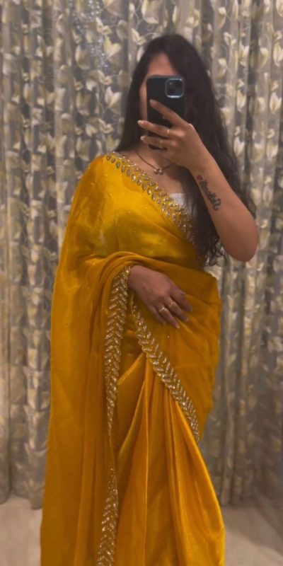 Elegant Yellow Color Soft Jimmy Choo Embroidery Sequence Saree