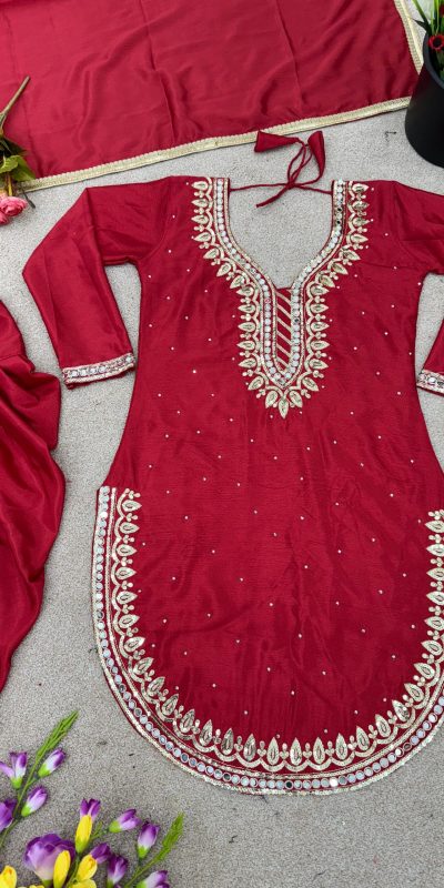 Exotic Red Color Pure Chinnon Embroidery Diamond Salwar Suit