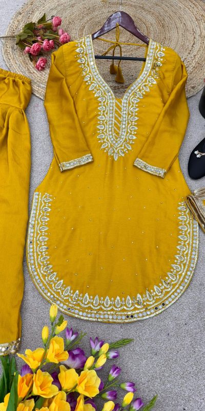 Exotic Yellow Color Pure Chinnon Embroidery Diamond Salwar Suit