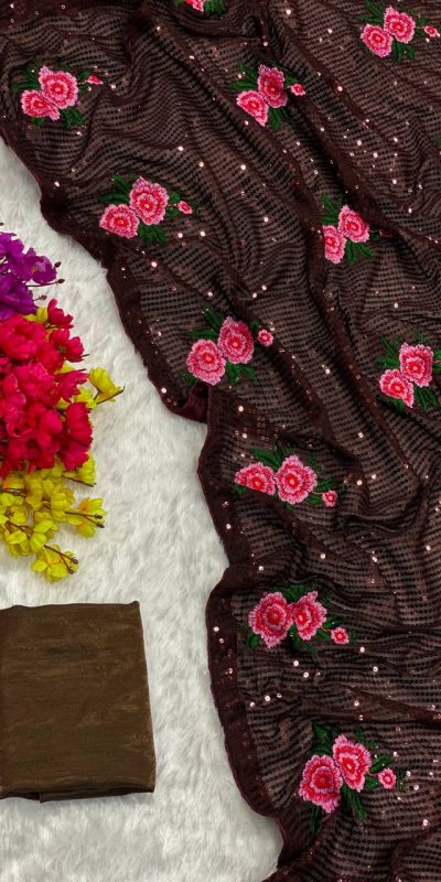 Fancy Coffee Color Georgette Sequence Multi Thread Work Saree