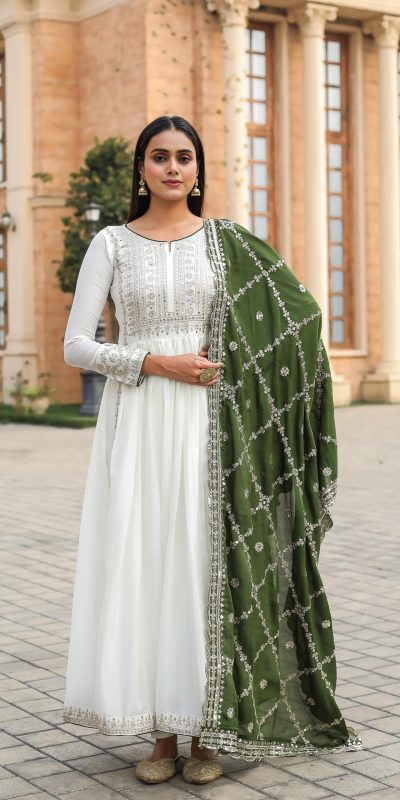Fancy Green Color Chinon Silk Embroidery Sequence Salwar Suit
