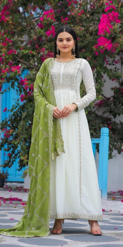 Fancy Olive Green Color Chinon Embroidery Sequence Salwar Suit
