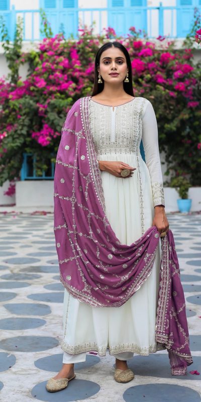 Fancy Purple Color Chinon Silk Embroidery Sequence Salwar Suit