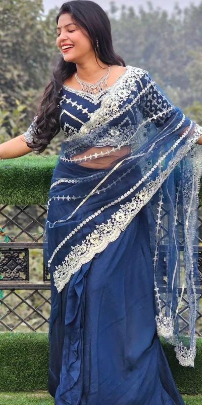 Fancy Royal Blue Blooming Vichitra Embroidery Lehenga Saree