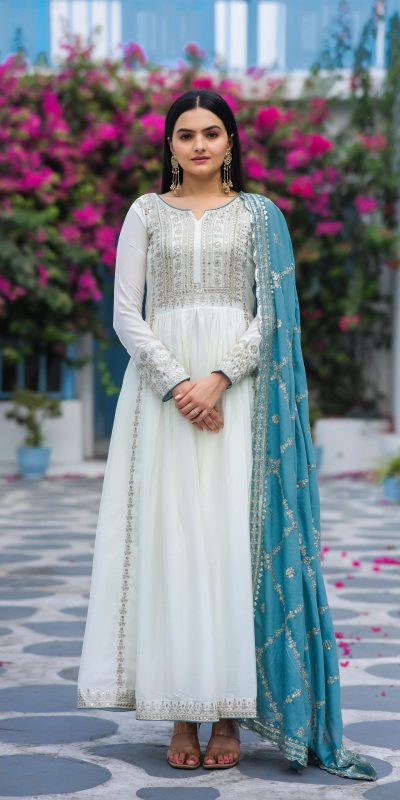 Fancy Sky Blue Color Chinon Embroidery Sequence Salwar Suit