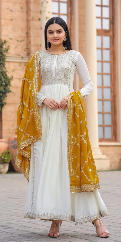 Fancy Yellow Color Chinon Silk Embroidery Sequence Salwar Suit