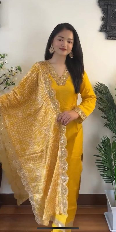 Fancy Yellow Color Georgette Embroidery Full Sleeves Salwar Suit