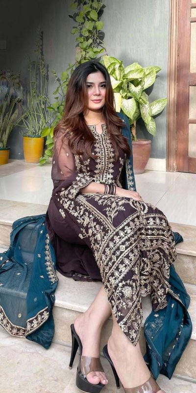 Fine Coffee Color Chinnon Silk Embroidery Sequins Sharara Suit