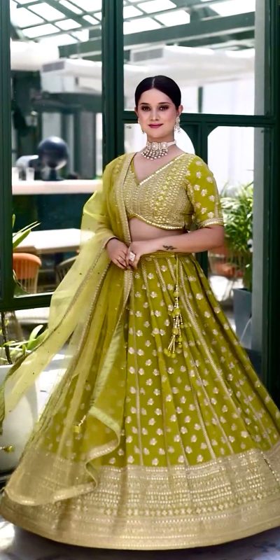 Fine Green Color Chinnon Silk Embroidery Sequins Lehenga Choli