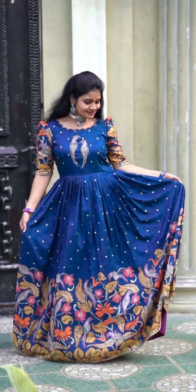 Glamorous Blue Color Chant Crepe Kalamkari Printed Gown