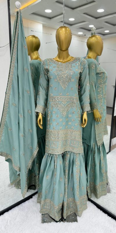 Glamorous Blue Color Chinnon Embroidery Sequence Salwar Suit