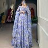 Glamorous Blue Color Georgette Floral Printed Work Gown