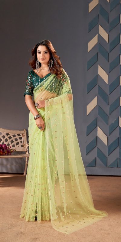 Glamorous Green Color Heavy Butterfly Net Embroidery Saree