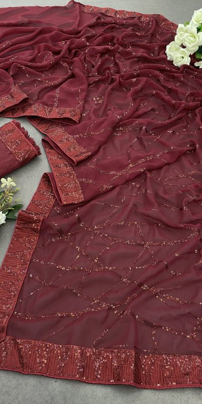 Glamorous Maroon Color Georgette Sequins Embroidery Saree
