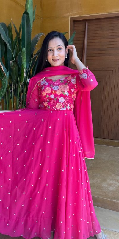 Glamorous Pink Color Fox Georgette Embroidery Lace Work Gown