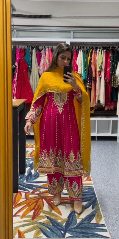 Glamorous Pink Color Roman Silk Embroidery Sequins Gown