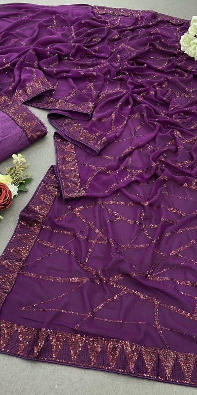 Glamorous Purple Color Georgette Sequins Embroidery Saree
