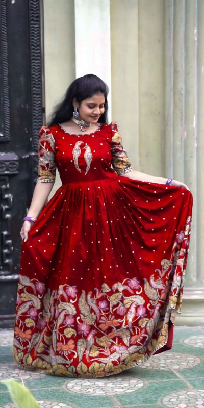 Glamorous Red Color Chant Crepe Kalamkari Printed Work Gown