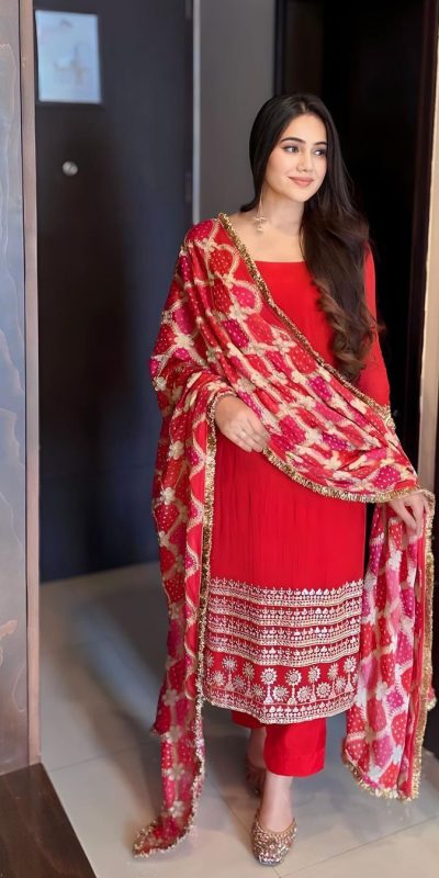 Glamorous Red Color Georgette Embroidery Work Salwar Suit