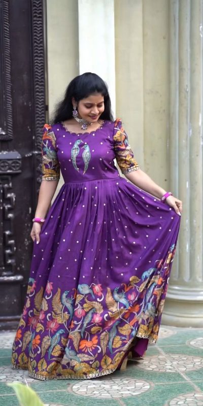 Glamorous Violet Color Chant Crepe Kalamkari Printed Gown