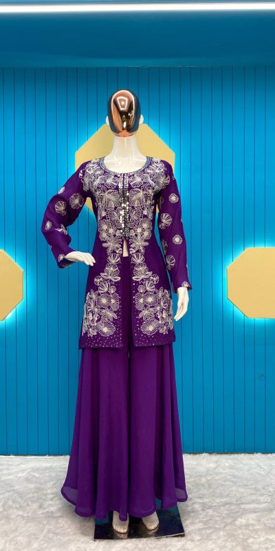 Glamorous Violet Color Chinon Silk Embroidered Salwar Suit