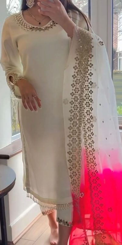 Glamorous White Chinnon Silk Embroidery Work Salwar Suit