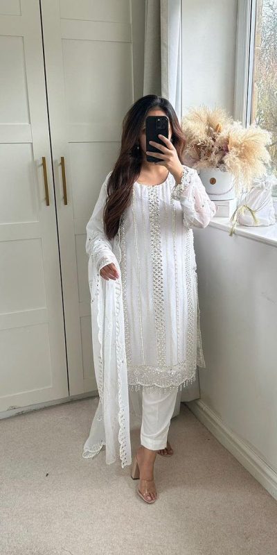 Glamorous White Color Faux Georgette Embroidery Salwar Suit