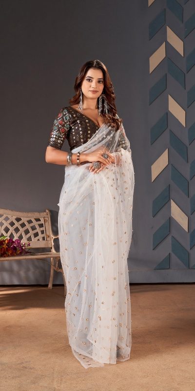 Glamorous White Color Heavy Butterfly Net Embroidery Saree