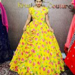 Glamorous Yellow Color Chinon Digital Printed Work Gown
