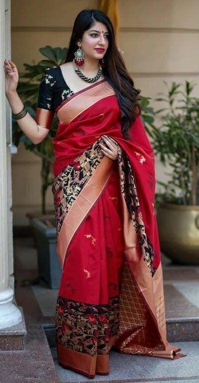Good-Looking Red Color Soft Lichi Silk Butti Work Saree