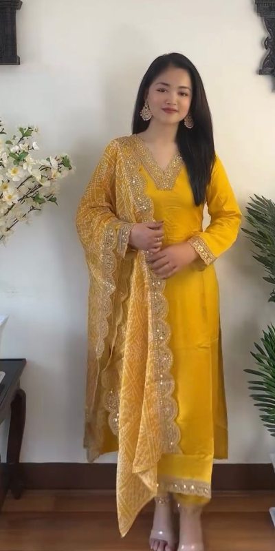 Gorgeous Yellow Color Rayon Embroidery Work Salwar Suit