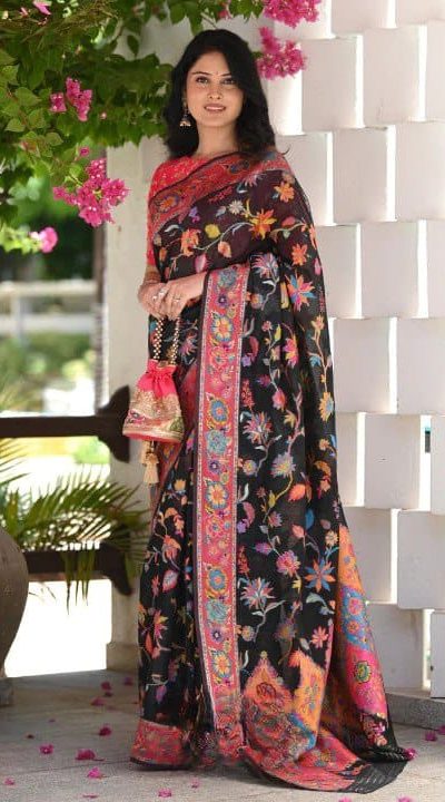 Graceful Black Color Kashmiri Running Thread Zari Work Saree