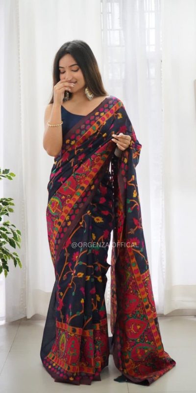 Graceful Black Color Kashmiri Running Thread Zari Work Saree
